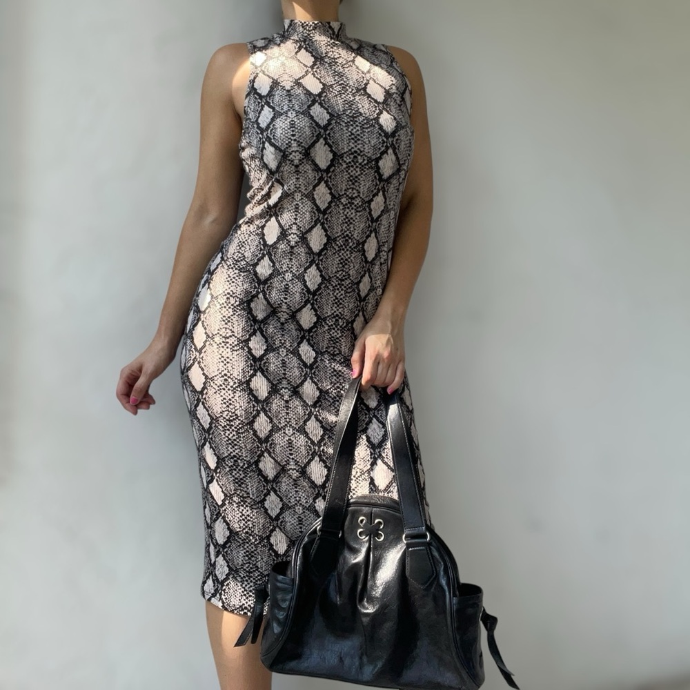 Caution to the Wind Snake Print Sleeveless Midi Sheath Dress with Turtleneck - S